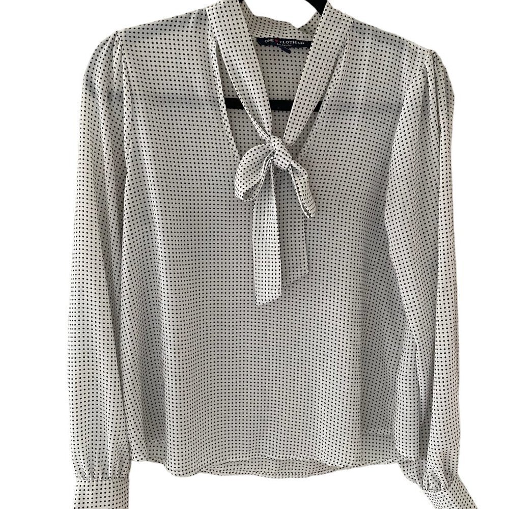 One Clothing Polka Dot Blouse Neck Tie Bow Long Sleeve Lightweight Semi Sheer S